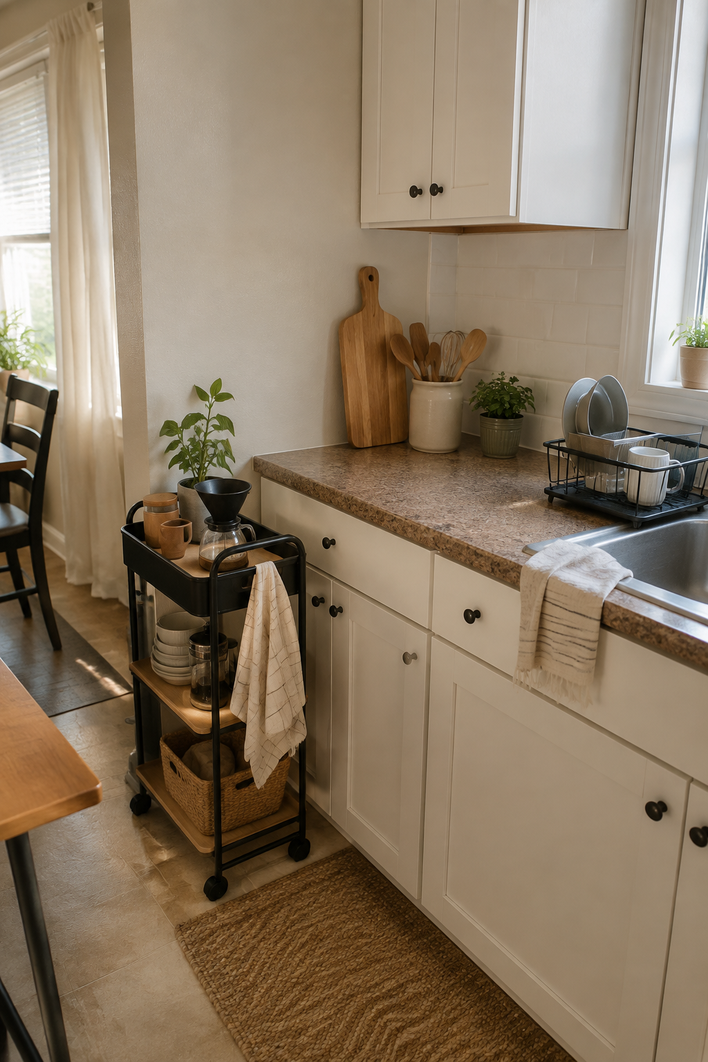 Small kitchen storage vignette with a slim rolling cart, clear counter, dish rack, and warm daylight