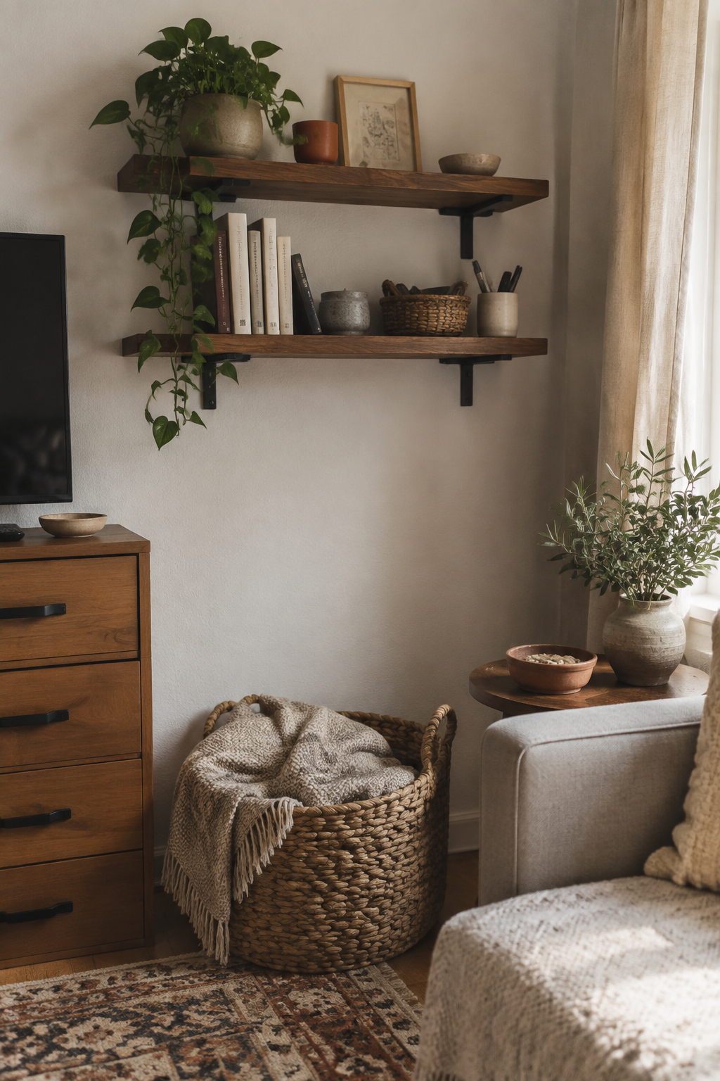 Small living room storage vignette with wall shelves, woven basket, natural wood, and soft daylight